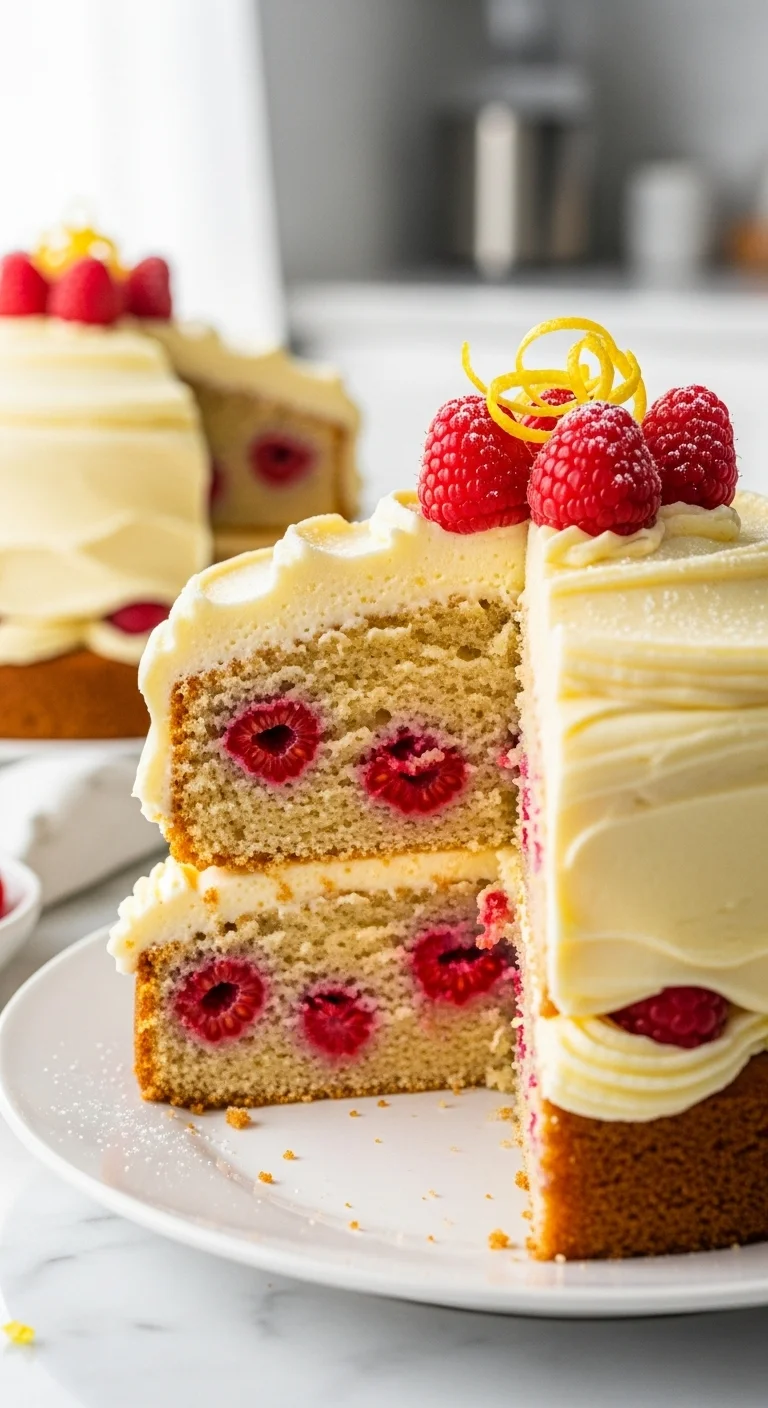 Delicious Raspberry Lemon Cake with creamy Lemon Buttercream frosting. A bright and beautiful homemade cake.