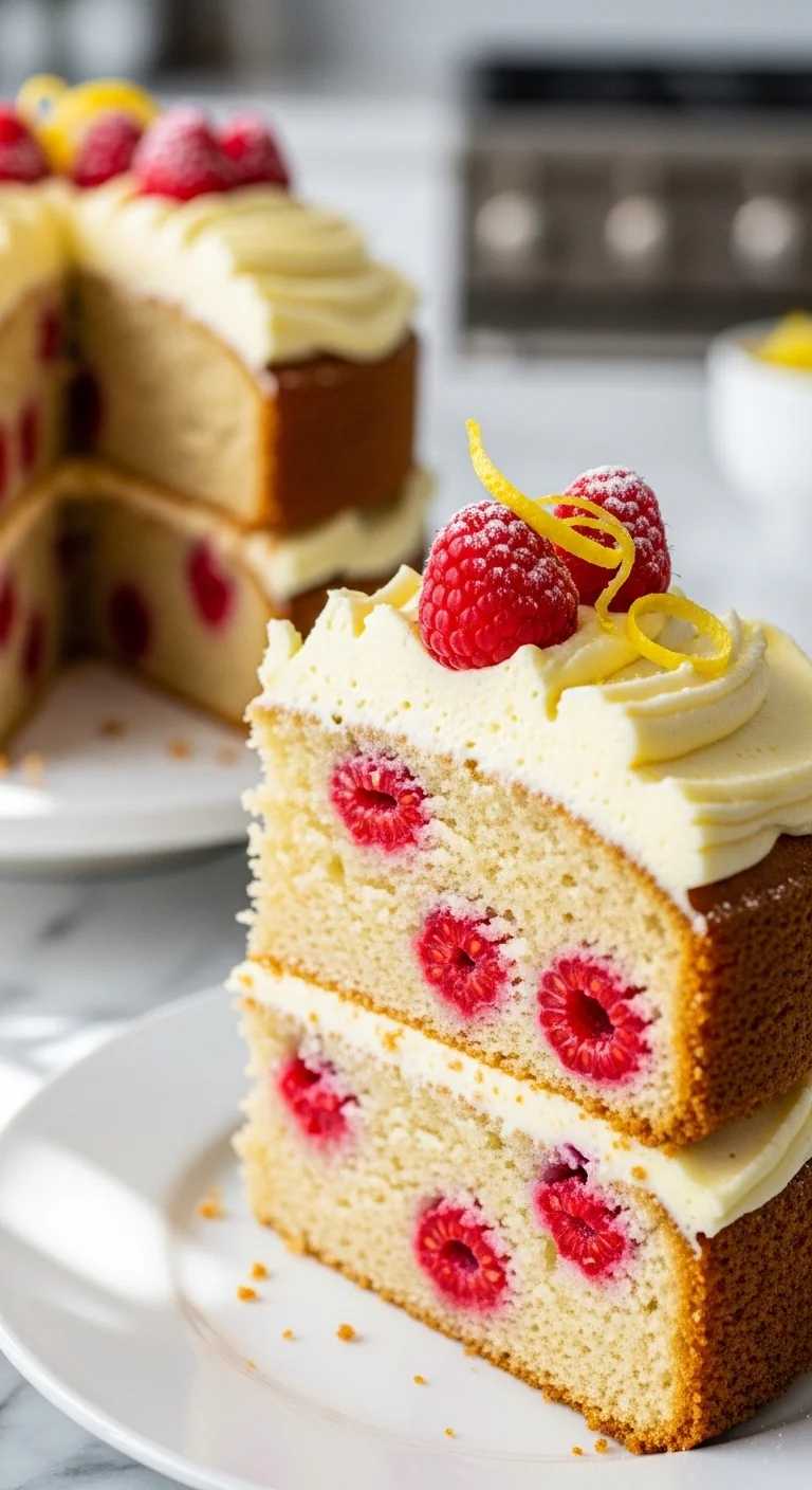 Close-up of a slice of Raspberry Lemon Cake showing the raspberry filling and lemon buttercream frosting.