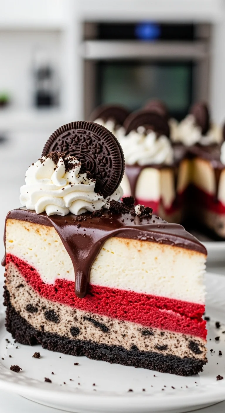 Close-up of a slice of Red Velvet Oreo Cheesecake with a chocolate ganache drizzle. A delicious Oreo cheesecake recipe.