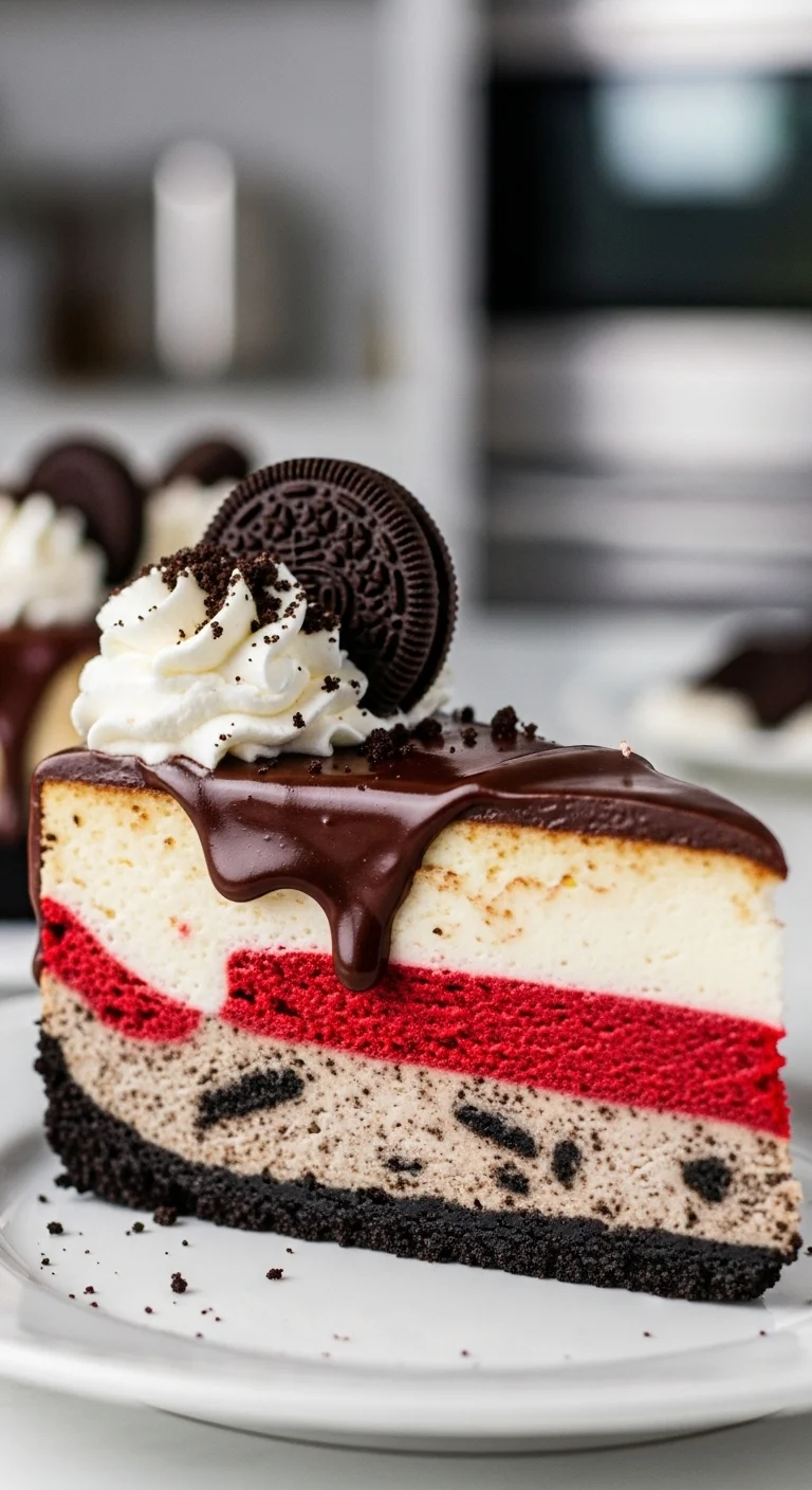 The interior layers of the Red Velvet Oreo Cheesecake showing the red velvet cake, cheesecake filling, and Oreo pieces. Part of the Oreo cheesecake recipe.