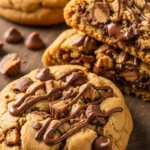 Close-up of a thick and delicious Reese's peanut butter cookie, fresh from the oven.