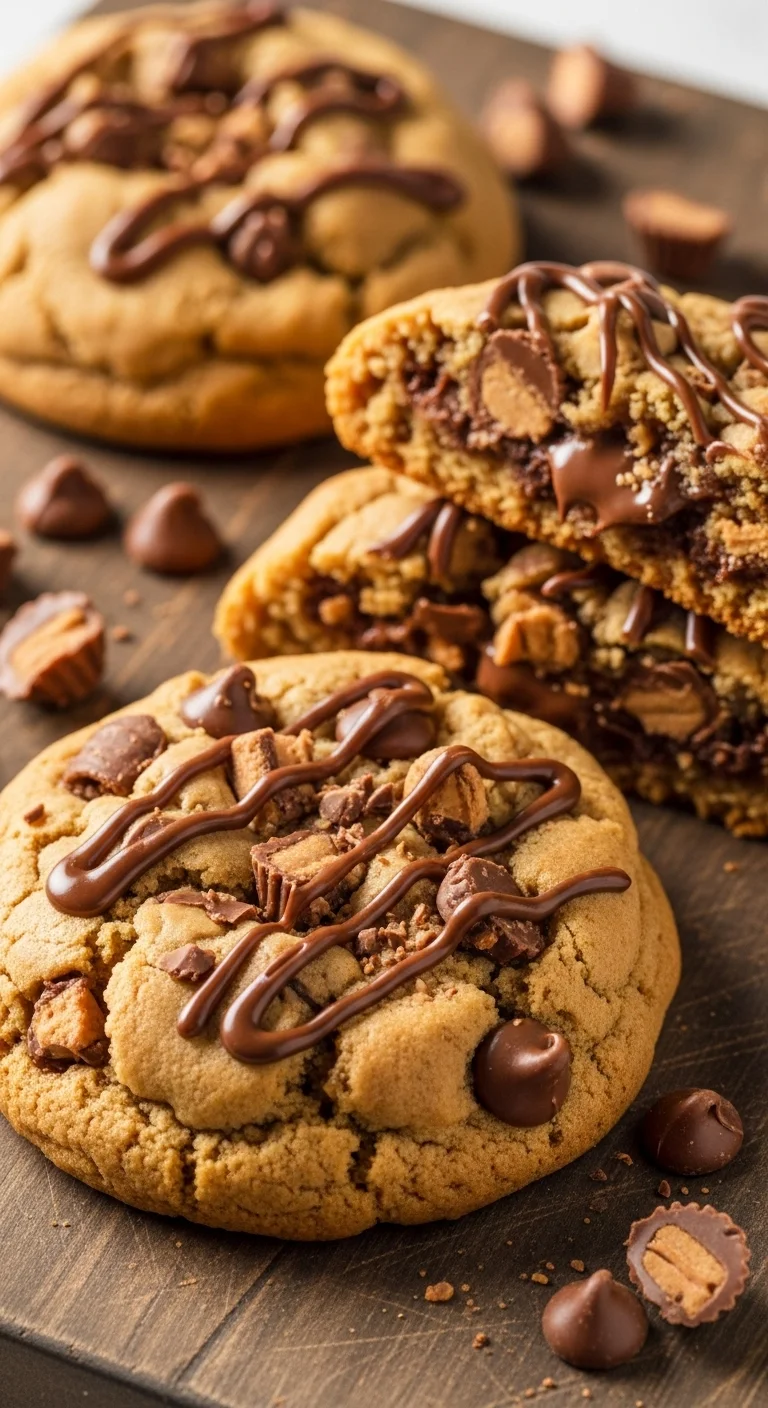 Close-up of a thick and delicious Reese's peanut butter cookie, fresh from the oven.