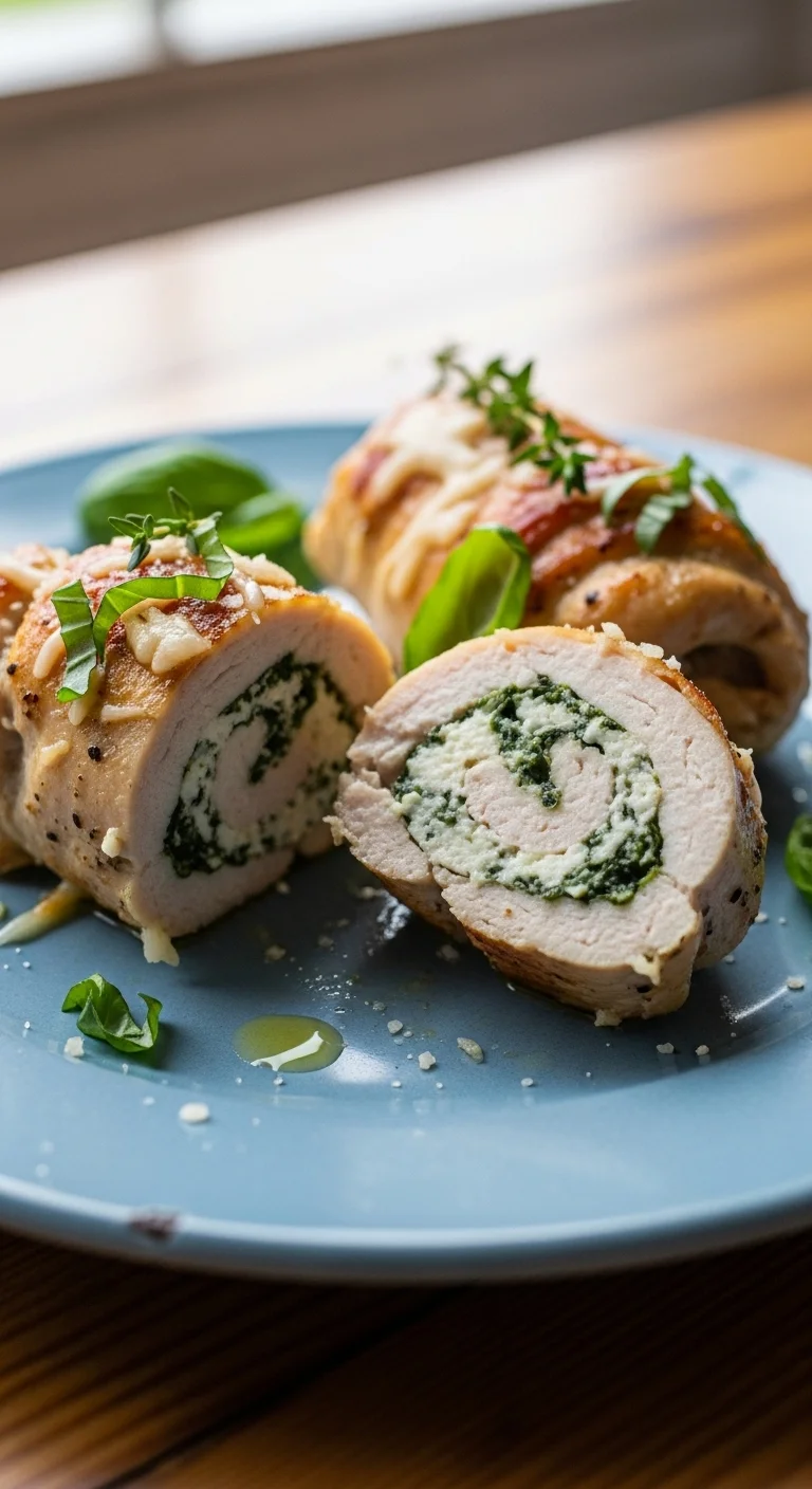Inside view of ricotta stuffed chicken, showing the creamy herbed filling.