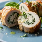Close-up of juicy ricotta stuffed chicken rolls, ready to eat.