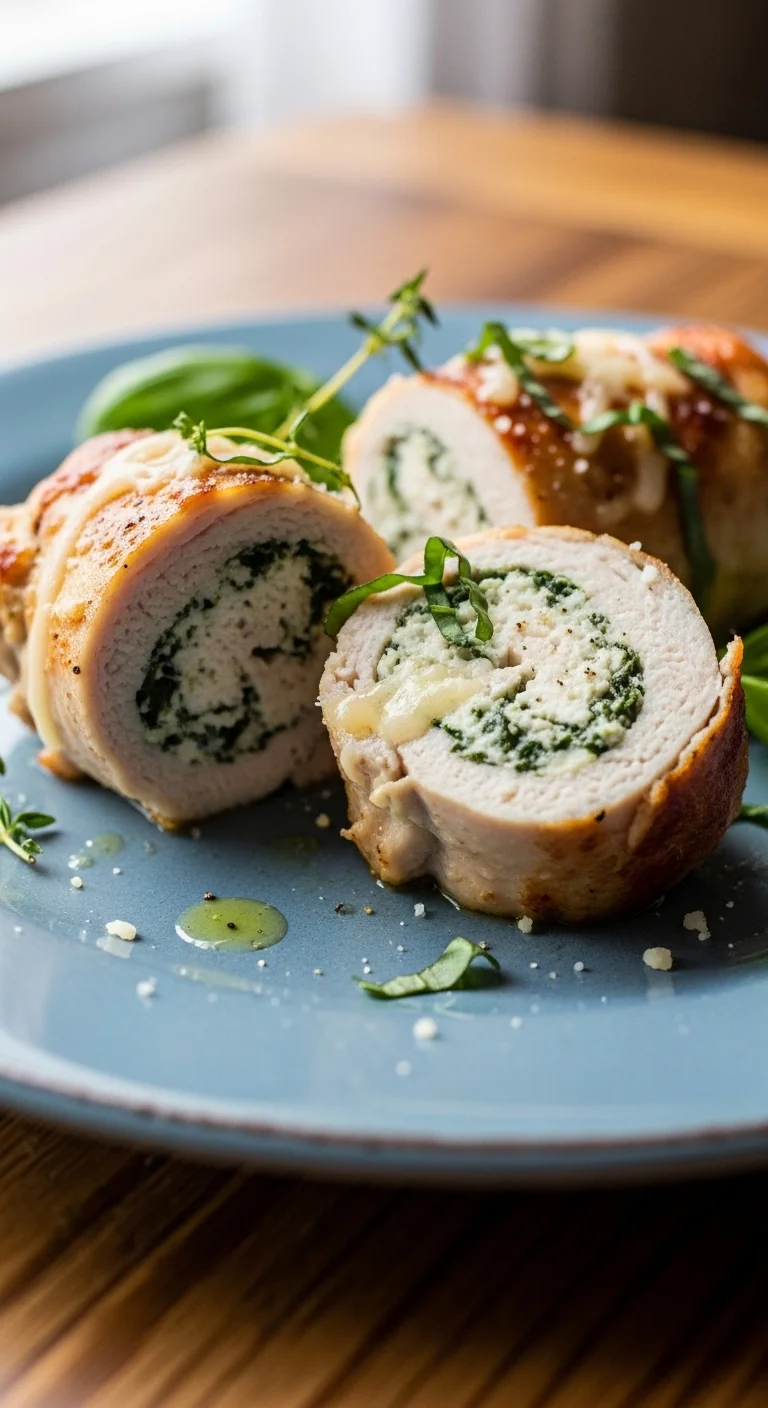 Close-up of juicy ricotta stuffed chicken rolls, ready to eat.