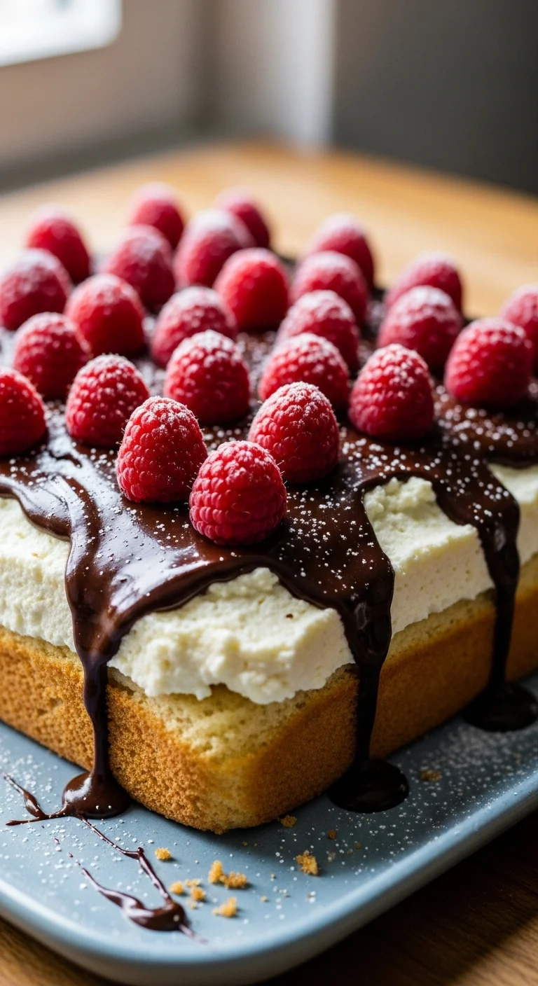 Detailed view of the ricotta vanilla cake showing the creamy ricotta filling and raspberry topping.