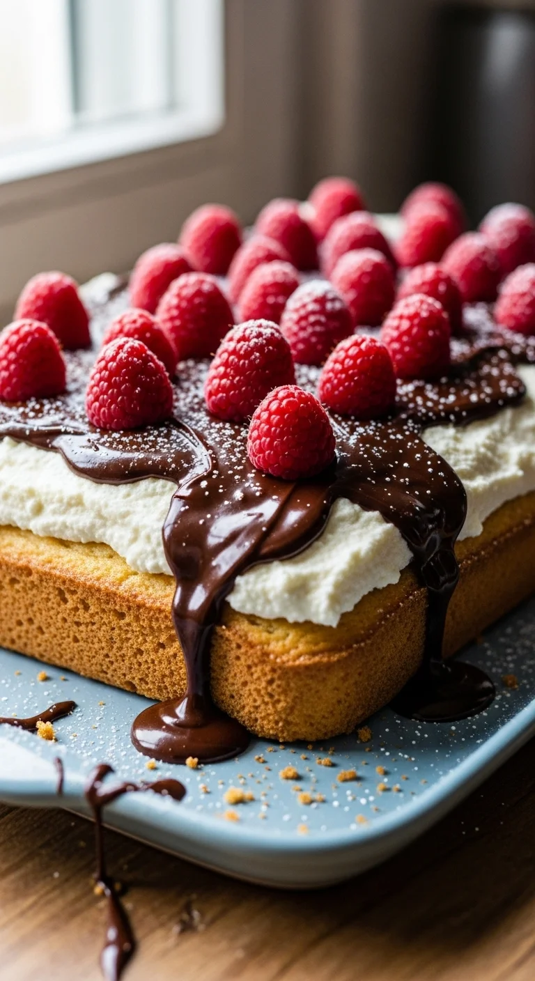 Close-up of a moist vanilla raspberry ricotta cake with chocolate ganache and fresh raspberries.