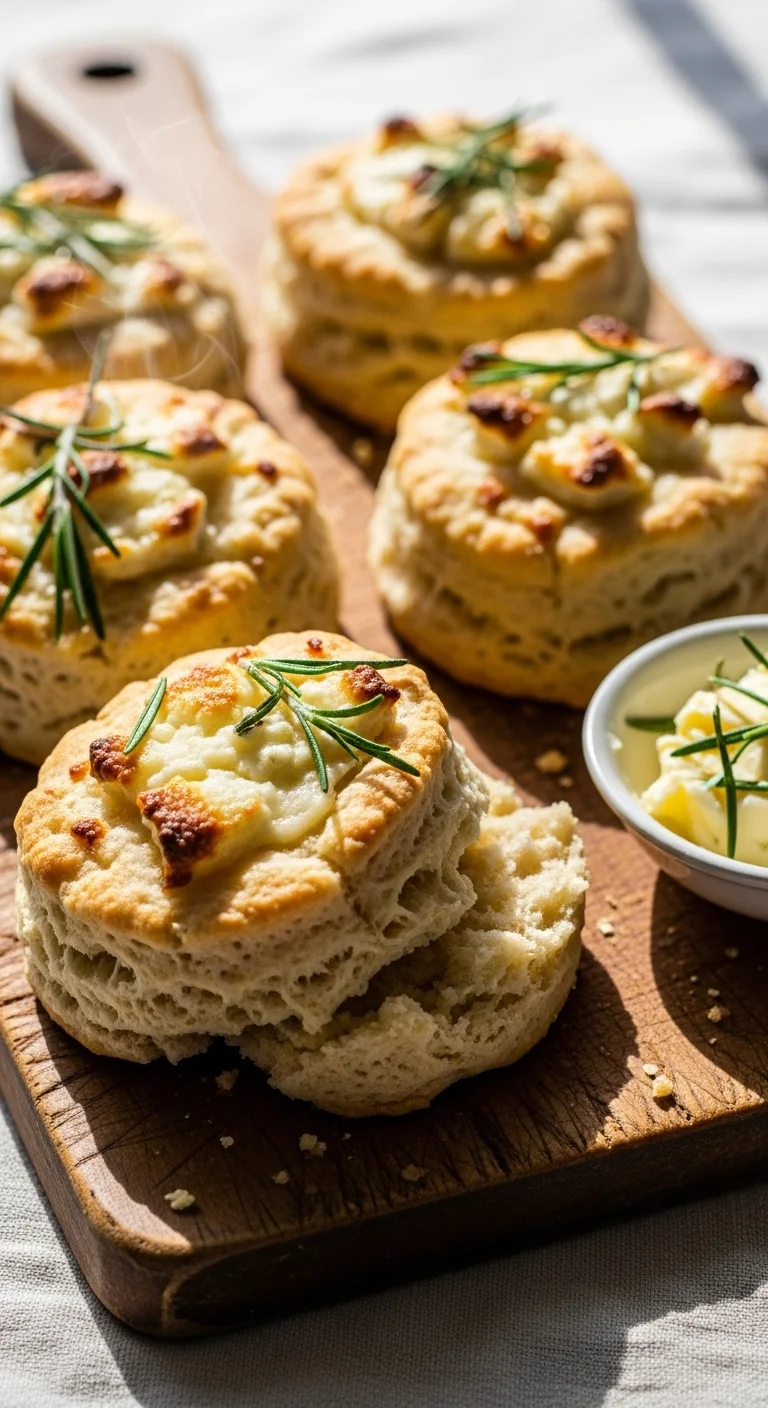 Close-up of soft and flaky rosemary cheese biscuits. Perfect for breakfast, brunch or snack.