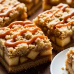 Close-up of homemade Salted Caramel Apple Crumble Bars, a delicious fall baking recipe with sweet apples and a buttery crumble topping.