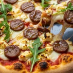 Close-up of a freshly baked Sausage Feta Honey Pizza, showing the melted feta, browned sausage, and glistening honey drizzle.