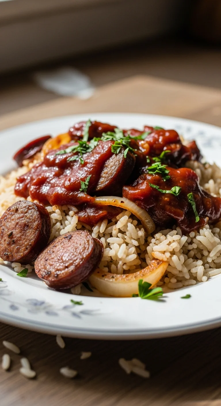 Close-up of sausage rice recipe: BBQ one-pan dinner with rice and sausage.