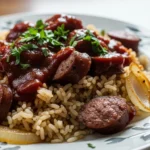 Sausage rice recipe: One-pan BBQ dinner with flavorful sausage and rice.