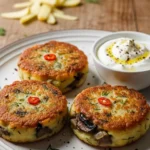 Golden brown savory mushroom potato cakes stacked on a plate, garnished with herbs. Delicious and easy recipe!