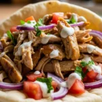 Juicy slow cooker chicken shawarma, ready to be served. Get this easy chicken shawarma recipe for a flavorful weeknight meal.