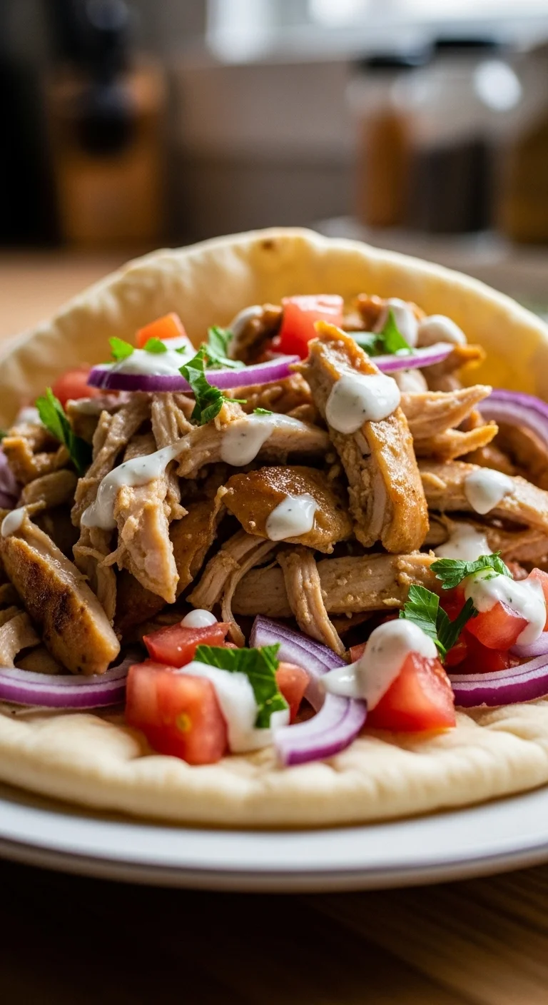 Juicy slow cooker chicken shawarma, ready to be served. Get this easy chicken shawarma recipe for a flavorful weeknight meal.