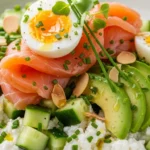Close-up of a vibrant Smoked Salmon Cottage Cheese Salad, highlighting the fresh ingredients.