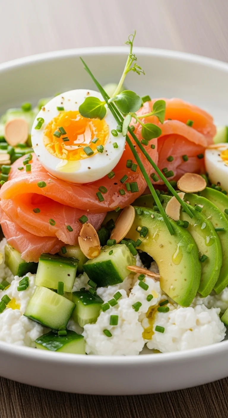 Close-up of a vibrant Smoked Salmon Cottage Cheese Salad, highlighting the fresh ingredients.