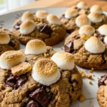 Close-up of gooey s'mores sourdough cookies with melted marshmallows and chocolate chips. Brown butter adds a delicious flavor.