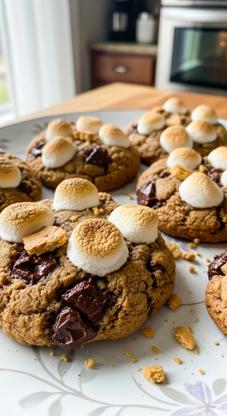 Close-up of gooey s'mores sourdough cookies with melted marshmallows and chocolate chips. Brown butter adds a delicious flavor.
