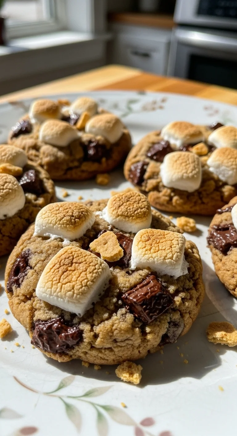 Step-by-step image showing the process of making s'mores sourdough cookies, including adding chocolate chips and marshmallows.