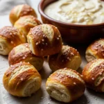 Golden brown sourdough pretzel bites piled in a bowl, ready for dipping. Easy homemade snack recipe.