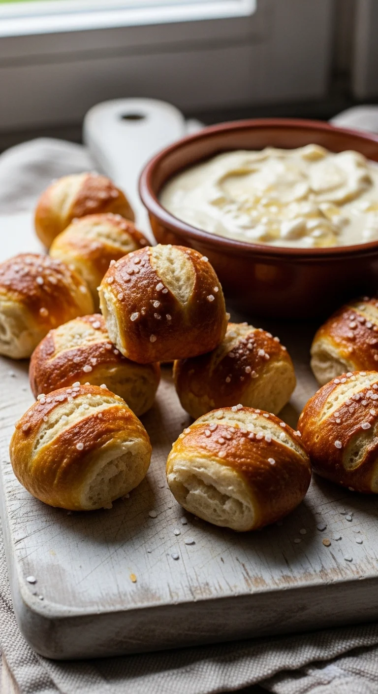 Golden brown sourdough pretzel bites piled in a bowl, ready for dipping. Easy homemade snack recipe.