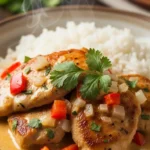 Close-up of spicy Brazilian coconut chicken, ready to serve. A delicious and easy coconut chicken recipe.