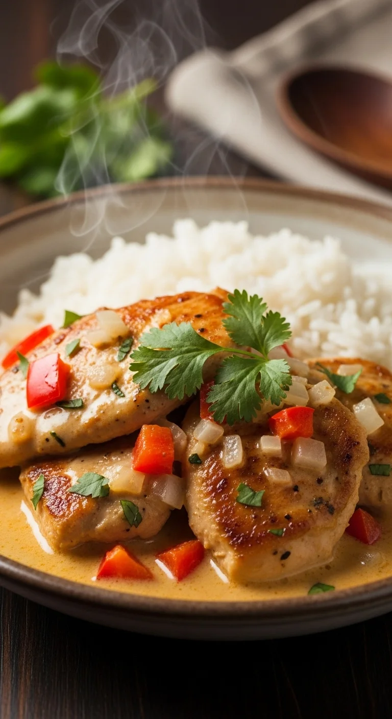 Close-up of spicy Brazilian coconut chicken, ready to serve. A delicious and easy coconut chicken recipe.
