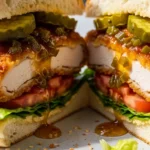 Close-up of a delicious spicy honey crispy chicken sandwich with jalapenos on a toasted bun.