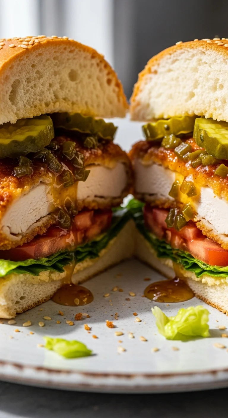 Close-up of a delicious spicy honey crispy chicken sandwich with jalapenos on a toasted bun.