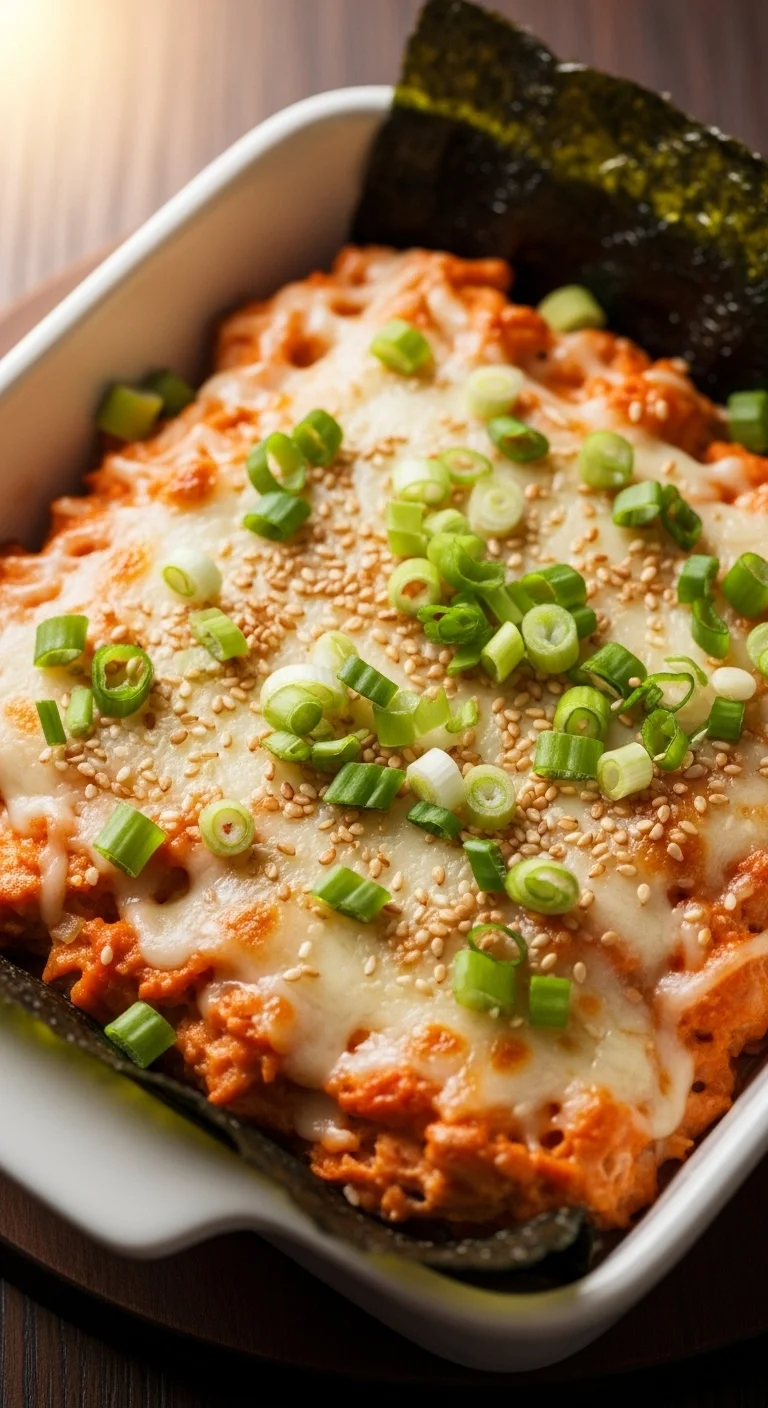 Close-up of a golden-brown Spicy Salmon Sushi Bake, a delicious and easy alternative to traditional sushi.