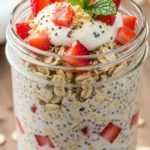 Close-up of Strawberries & Cream Overnight Oats. Healthy and delicious overnight oats recipe perfect for a quick breakfast.