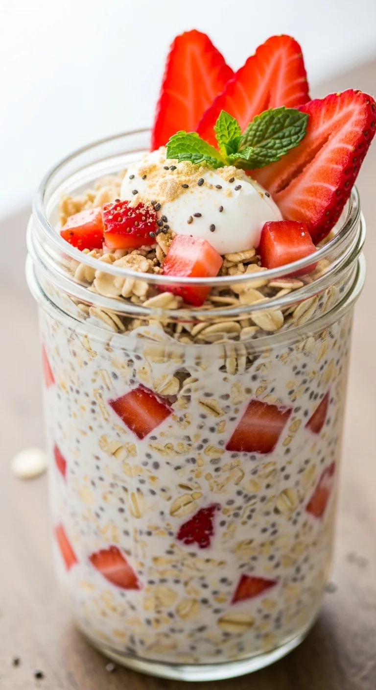 Ingredients for Strawberries & Cream Overnight Oats: oats, milk, strawberries, and cream. Learn how to make this delicious overnight oats recipe.