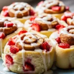 Close-up of freshly baked strawberry cheesecake cinnamon rolls, dripping with glaze and filled with fresh strawberries and creamy cheesecake filling.