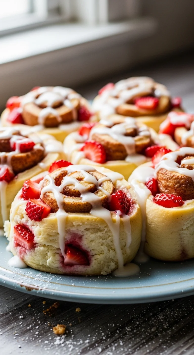 Close-up of freshly baked strawberry cheesecake cinnamon rolls, dripping with glaze and filled with fresh strawberries and creamy cheesecake filling.