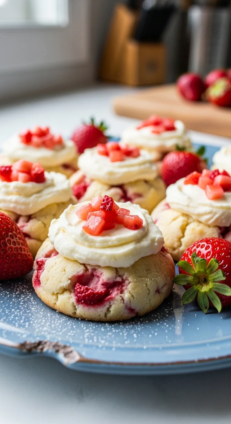 Step-by-step photo of making strawberry cheesecake cookies, showing ingredients like strawberries, cake mix, and cream cheese.
