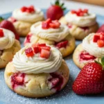 Close-up of a freshly baked strawberry cheesecake cookie with cream cheese frosting. Perfect for baking!