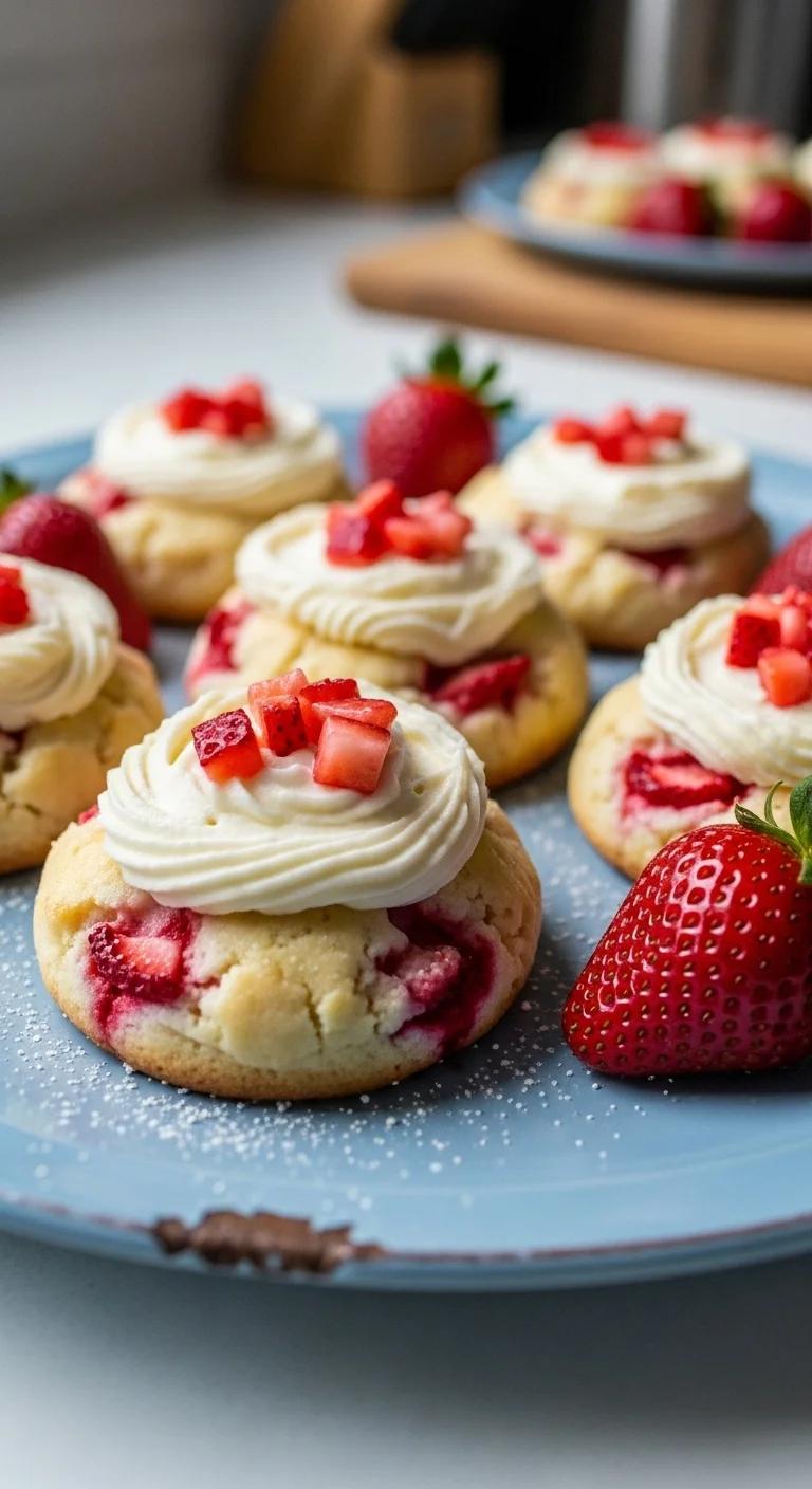 Close-up of a freshly baked strawberry cheesecake cookie with cream cheese frosting. Perfect for baking!