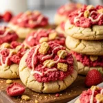 Close-up of a perfect Strawberry Crunch Cookie, showcasing the soft interior and crispy topping.