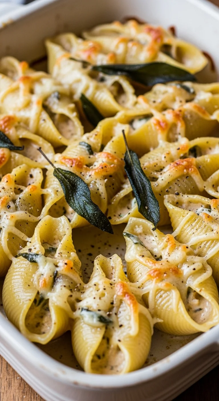 Step-by-step image showing how to assemble Pumpkin Gouda Stuffed Pasta Shells with the pumpkin and gouda filling.