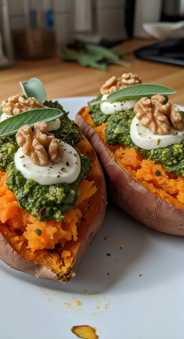 Step-by-step guide to making stuffed sweet potatoes with walnut sage pesto, showing ingredients like roasted sweet potatoes, pesto, cheese and walnuts.