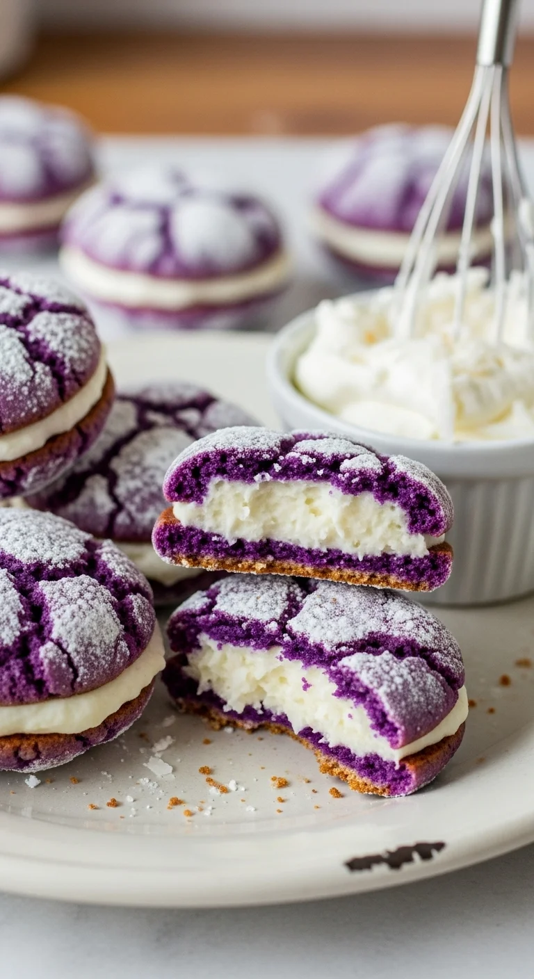 Step-by-step image of baking ube crinkle sandwich cookies, showing the dough balls ready to be baked or freshly baked cookies cooling on a rack.