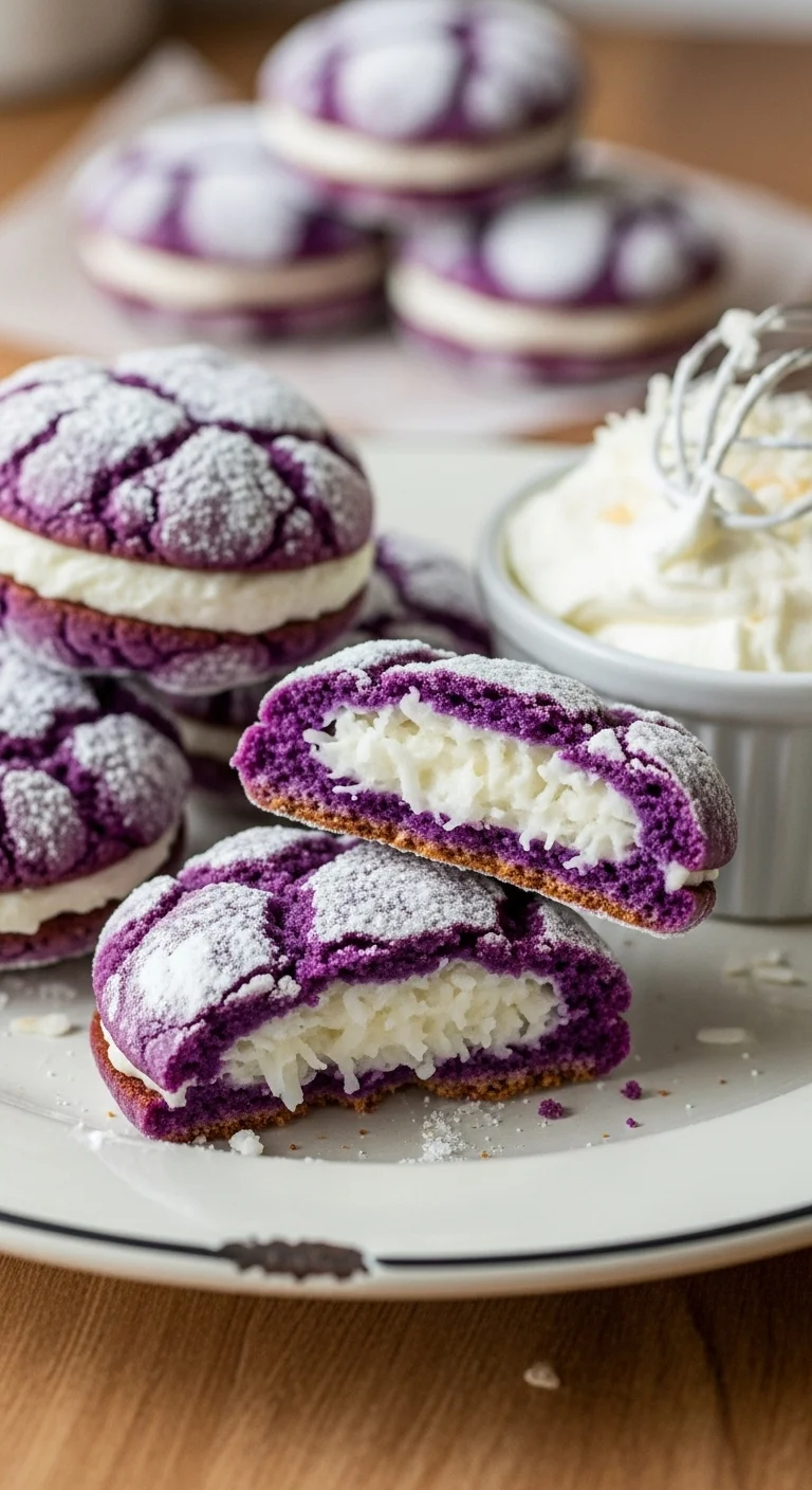 Close-up of ube crinkle sandwich cookies with creamy coconut filling, showcasing their vibrant purple color and soft texture.