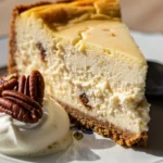 Close-up of a decadent Vanilla Bean Brown Butter Cheesecake, showing its creamy texture and golden-brown crust. Delicious dessert recipe.