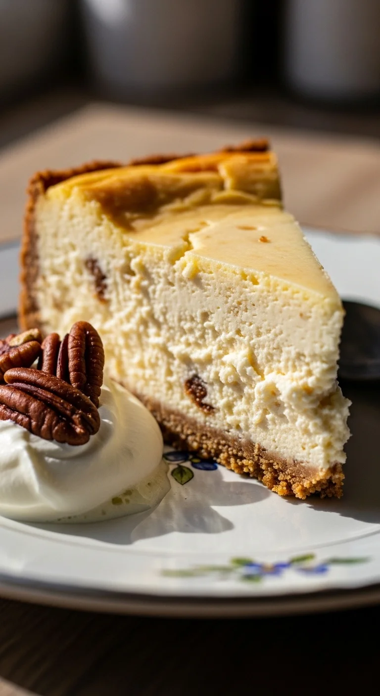 Close-up of a decadent Vanilla Bean Brown Butter Cheesecake, showing its creamy texture and golden-brown crust. Delicious dessert recipe.