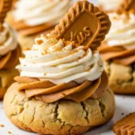 Close-up of a freshly baked vegan Biscoff cookie with a creamy biscoff swirl, perfect for dessert.