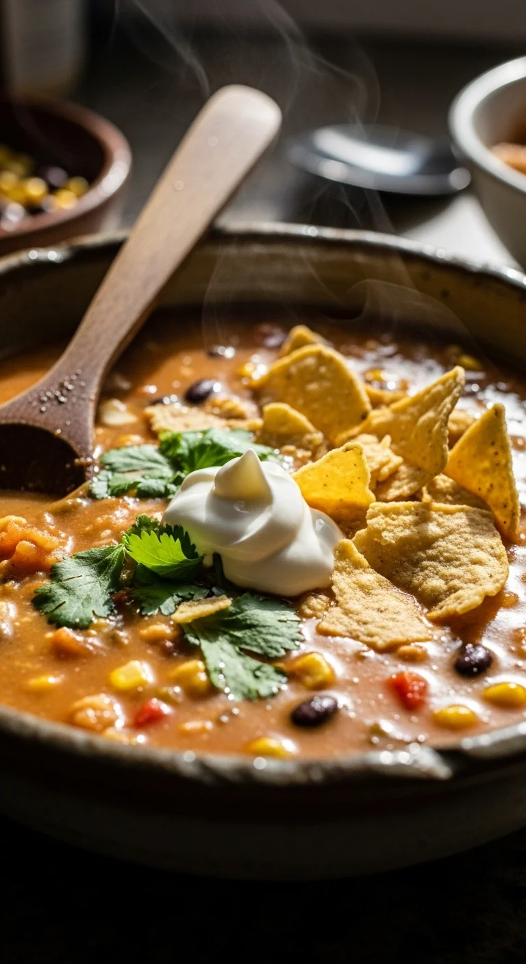 Bowl of creamy vegetarian tortilla soup with toppings, ready to eat.