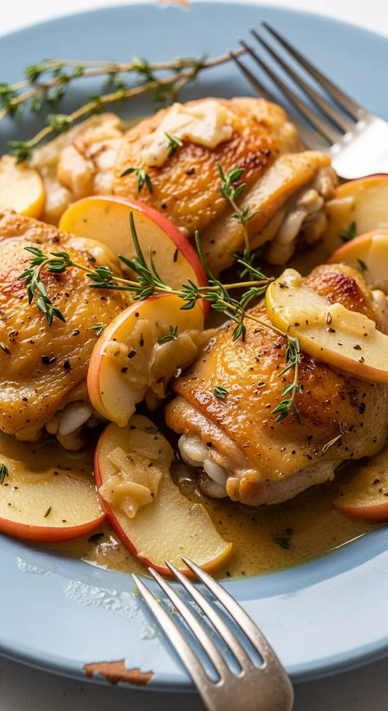 Close-up of the ingredients for apple chicken thighs in creamy sauce: chicken thighs, apples, cream, thyme, and rosemary.