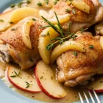 Apple chicken thighs in creamy sauce with thyme and rosemary, ready to serve.