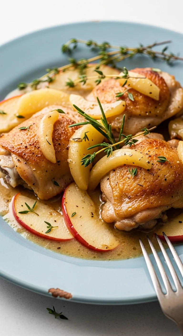 Apple chicken thighs in creamy sauce with thyme and rosemary, ready to serve.